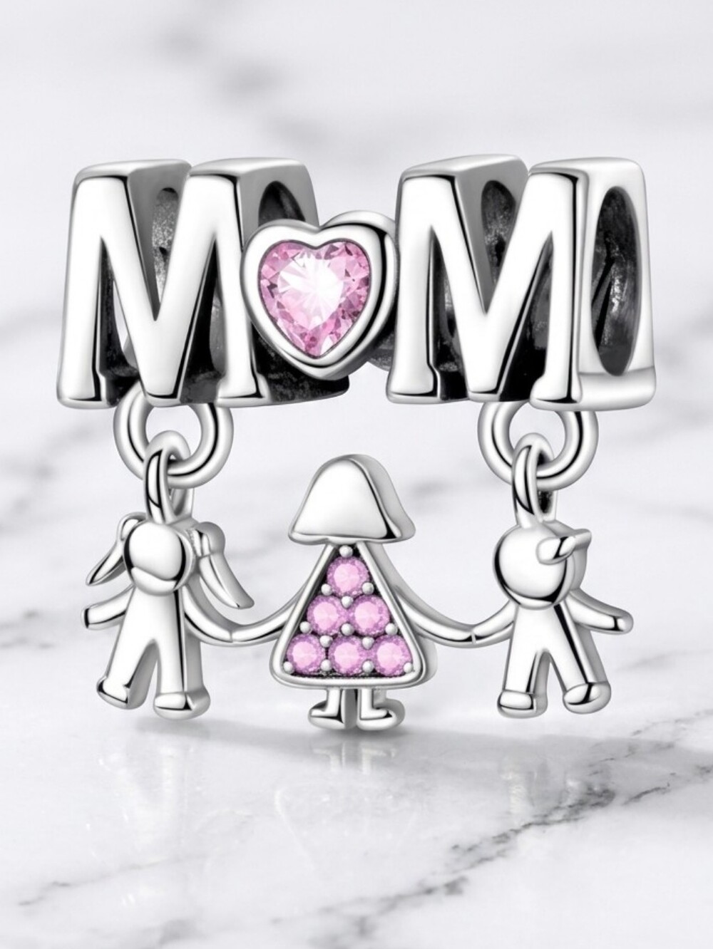 Sterling Silver 'MOM' Charm Bracelet with Family Dangles - Silver